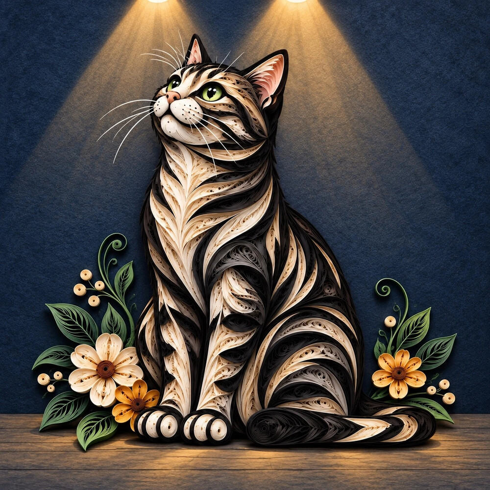 8x10 Framed Cat Under Spotlight Floral Quilling Art Print